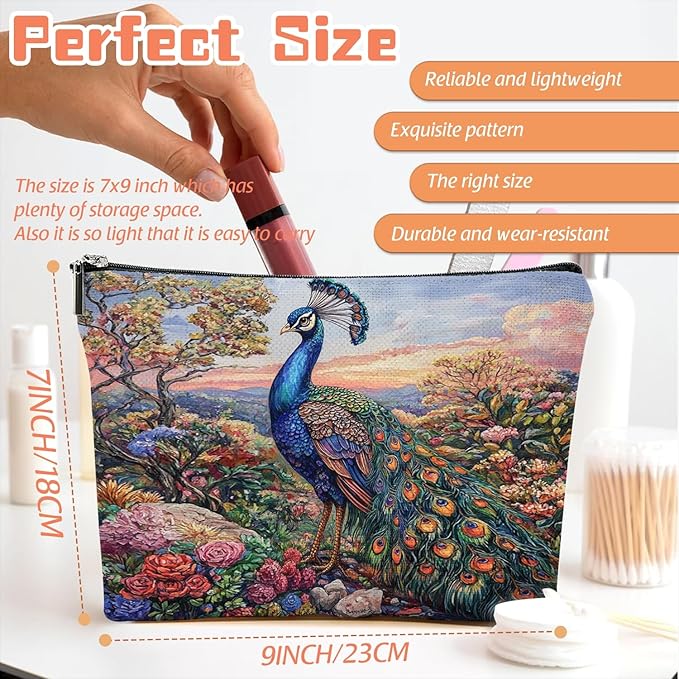 Makeup Bag Travel Cosmetic Bags Small Makeup Case Waterproof Zipper Pouch for Women Girls 7X9inches - Peacock in A Dusk - Filled Floral Landscape