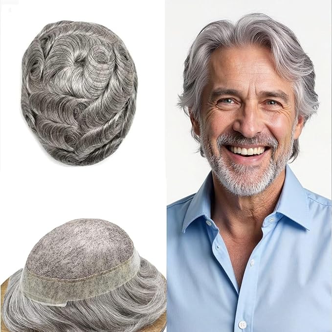 FACE MIRACLE Hair System for Men French Lace Mens Toupee Human Hair Replacement System Lace with PU Toupee for Men Male Hair Piece Wigs 6"X9" #1B80 Off Black with 80% Gray