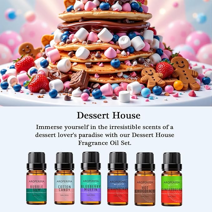 Dessert House Fragrance Essential Oil Set - Cotton Candy, Blueberry Muffin, Hot Chocolate, Bubble Gum, Strawberry, Gingerbread 6x10ML for Diffusers, Massage, Perfume, Soap Making and Candle