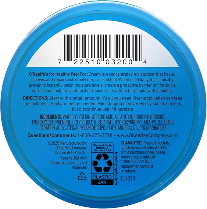O'Keeffe's for Healthy Feet Foot Cream - 3.2 oz Jar (1 Pack) - Guaranteed Relief for Extremely Cracked, Dry Feet, Repairing Skincare, Instantly Boosts and Retains Moisture Levels