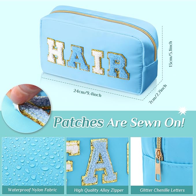 Remerry 4 PCS Nylon Cosmetic Bags Waterproof Spacious Travel Makeup Organizer for Women Chenille Letter Preppy Zipper Pouch Face Stuff Skin Hair Organizer Gift(Blue Green Colors)
