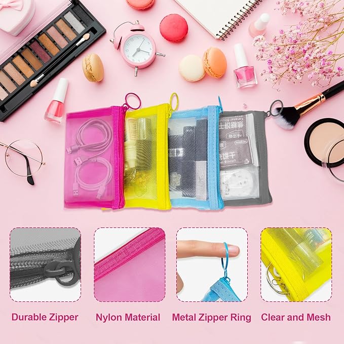 Mini Mesh Pouches(4 Pack), Small Mesh Bags with Zipper Nylon Makeup Pouches Bag Cosmetic Pouch Travel Purse Organizer Insert Diaper Inside Bag Organizers Home Organizing Size See Through Cute Colors