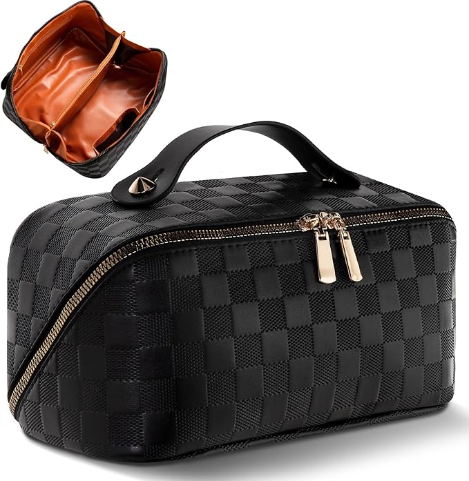 Abiudeng Travel Makeup Bag,Large Capacity Toiletry Bag Cosmetic Bags for Travel Essentials,Waterproof Portable Pouch Open Flat Makeup bag Organizer with Divider and Handle(Checkered-Black)