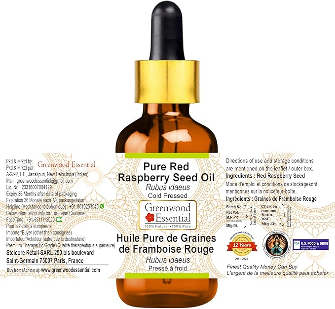 Greenwood Essential Pure Red Raspberry Seed Oil (Rubus idaeus) with Glass Dropper Cold Pressed 50ml (1.69 oz)
