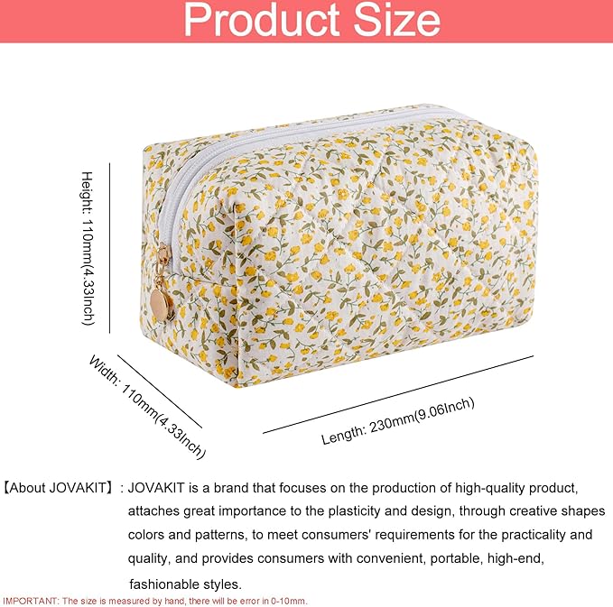 JOVAKIT Square Makeup Bag Cute Cosmetic Bag for Women, Floral Coquette Aesthetic Toiletry Bag, Zipper Make Up Pouch, Travel Make Up Organizer Bag (Yellow Floral)