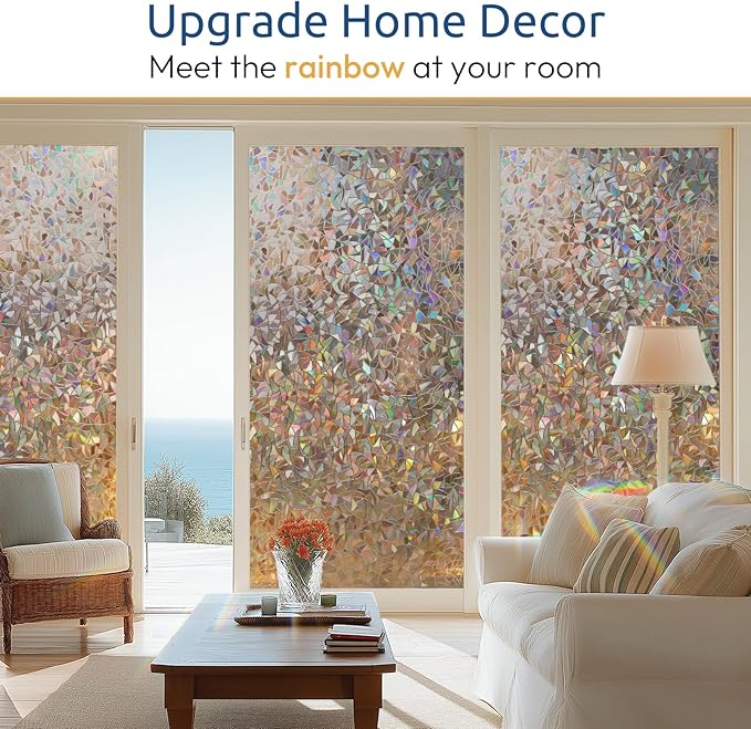 rabbitgoo Window Privacy Film Rainbow Film Decorative Window Sticker, 3D Static Stained Glass Cling Tint for Home Heat Control Non-Adhesive, Brown, 23.6 x 118.1 inches