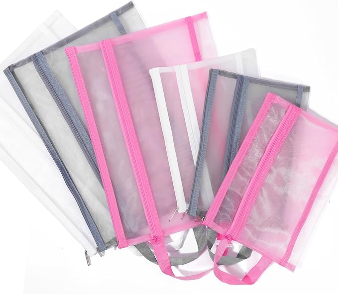 6 Pack Mesh Zipper Pouch Bags, Double Layer Nylon Pouch with Handle for Office Travel Organization (Grey, A4)