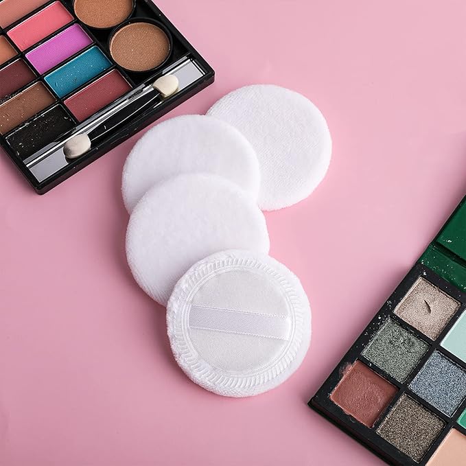 Sibba Powder Puff 2PCS Cotton Cosmetic Face Makeup Velour Powder Pads with Ribbon for Loose and Foundation Round White Dry Puff Suitable for Eyeshadow Blush Concealer and etc.