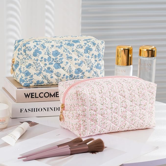 Makeup Bag Travel Toiletry Bag for Women, Small Cosmetic Bags Cute Quilted Cotton Makeup Pouch for Purse Emergency Bag for School Floral Pencil Case Accessory Bag, Pastel Pink