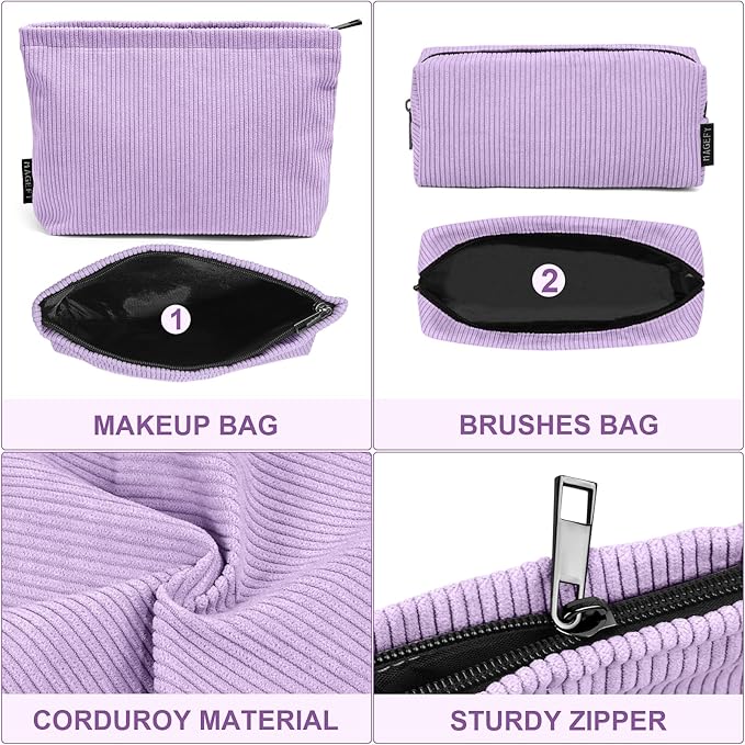 MAGEFY Small Makeup Bag 2 PCS Corduroy Make up Bag for Purse Large Capacity Travel Cosmetic Bag for Women Zipper Makeup Pouch for Travelling Preppy Stuff - Purple