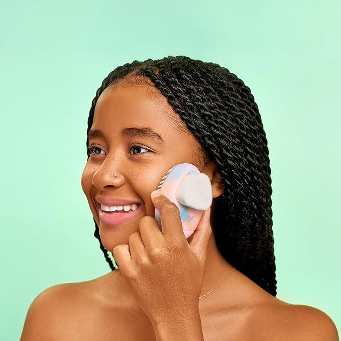 LOLLIPOP Dual-Sided Facial Cleansing Brush | Palm Size Silicone Face Exfoliator and Soft Fiber Cleanser | Manual Face Scrubber for Pores, Makeup Removal, Blackhead and Skincare Routine, Rainbow