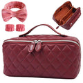 Makeup Bag, Travel Toiletry Bag for Women, Large Capacity Waterproof Rhombus Stitching Pattern PU Leather Cosmetic Bags Make Up Organizer Bags with Headband and Wristband Set (Burgundy)