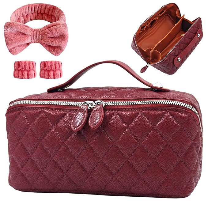 Makeup Bag, Travel Toiletry Bag for Women, Large Capacity Waterproof Rhombus Stitching Pattern PU Leather Cosmetic Bags Make Up Organizer Bags with Headband and Wristband Set (Burgundy)