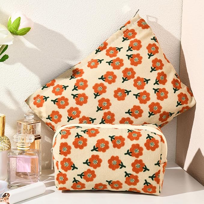 SOIDRAM 2 Pieces Flower Makeup Bag Large Corduroy Cosmetic Bag Capacity Canvas Mix Travel Toiletry Bag Organizer Cute Makeup Brushes Aesthetic Accessories Storage Bag for Women, Flower Mix Orange