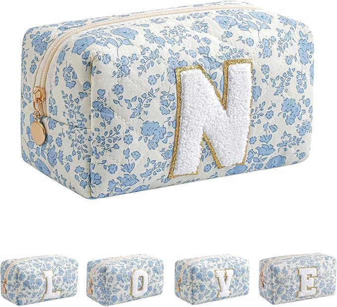 JOVAKIT Alphabet Makeup Bag Cosmetic Bag for Women, Christmas Gifts for Girls Age 6-18, Floral Flowers Coquette Travel Toiletry Zipper Make Up Pouch Organizer Trendy Stuff (Blue Floral N)