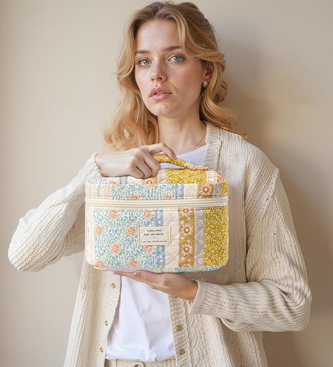 HBselect Quilted Makeup Bag, 3PCS Cotton Large Travel Makeup Bag, Cute Floral Coquette Make up Bag Cosmetic Bag Toiletry Bag for Women Girls