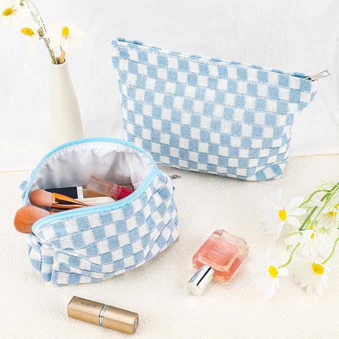 ZLFSRQ 2Pcs Checkered Makeup Bag for Women Large Small Checkered Cosmetic Bag Set Aesthetic Preppy Pencil Case Cute Pencil Pouch Blue Makeup Pouch for Purse Travel Toiletry Bags Zipper Skincare Bags