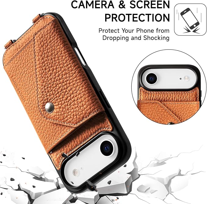 LUCKYCOIN Crossbody Wallet Phone Case for iPhone Air,100% Genuine Leather Wallet Phone Case with Expandable Flip Card Holder,Phone Purse for Women with Adjustable Removable Strap - Pebble Brown
