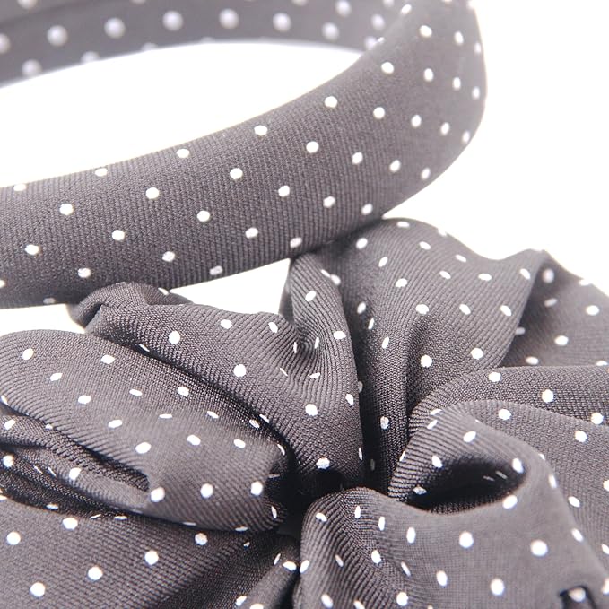 Headband and Scrunchie Set for Women 2Pack Hair Ties for Girls Elastics Bands Ponytail Holder Hair Accessories Grey Dot