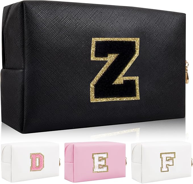 Personalized Initial Letter Patch Makeup Bag, Preppy Portable Chenille Letter Cosmetic Bag with Zipper, PU Leather Waterproof Travel Toiletry Bag Monogram Make Up Pouch for Women Girls
