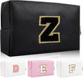 Personalized Initial Letter Patch Makeup Bag, Preppy Portable Chenille Letter Cosmetic Bag with Zipper, PU Leather Waterproof Travel Toiletry Bag Monogram Make Up Pouch for Women Girls