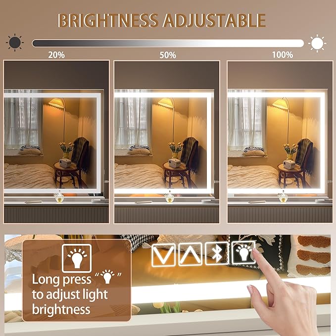 Hasipu Vanity Mirror with Lights and Bluetooth Speaker, 37" x 25.6" LED Makeup Mirror, Lighted Makeup Mirror with Dimmable 3 Modes, Touch Screen Control Vanity Mirror Square White