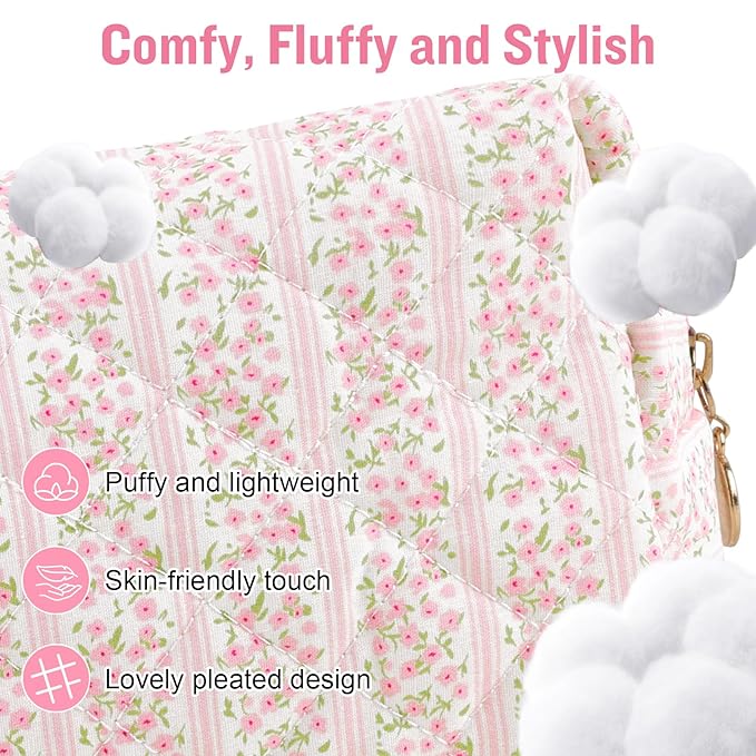 Personalized Quilted Cosmetic Bag, Puffy Monogrammed Christmas Birthday Gifts for Women & Girls, Cute initial Floral Makeup Bag Puffer Coquette Bag, Aesthetic Travel Toiletry Zipper Pouch(Pink,P)
