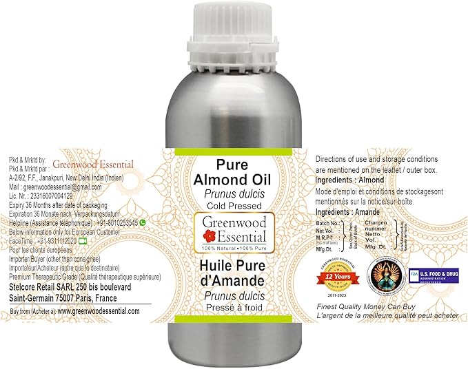 Greenwood Essential Pure Almond Oil (Prunus dulcis) Cold Pressed 630ml (21 oz)