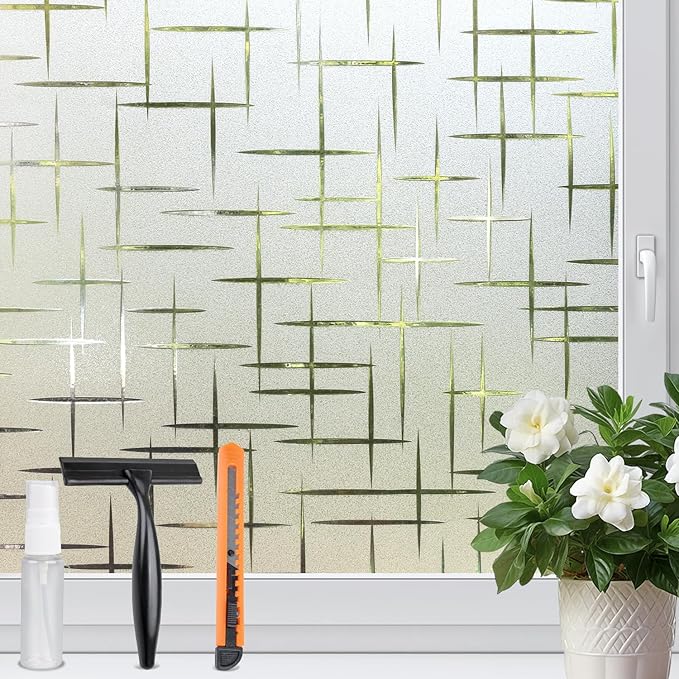 HIDBEA Window Privacy Film, Decorative Staic Cling Frosting Film, Heat Control UV Blocking Non-Adhesive Window Sticker for Home, Cross Pattern,17.5 X 78.7 Inch