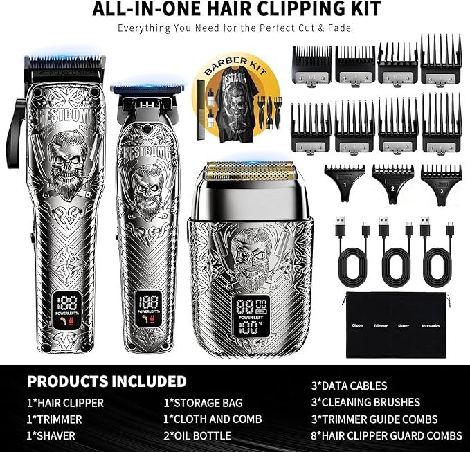 Professional Cordless Mens Hair Clippers & Beard Trimmer and Electric Shavers Kits & Sets,Metal Hair Clippers Cutting Grooming Kit with Long Battery Life for Family Barber Use (Gray)