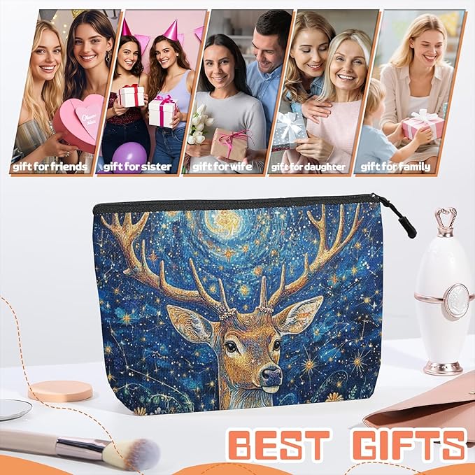 Cosmetic Bags Travel Makeup Toilet Case Waterproof Pouch for Women Girls 6.7X9.45inches - Deer With Large Antlers in A Starry - Floral Scene