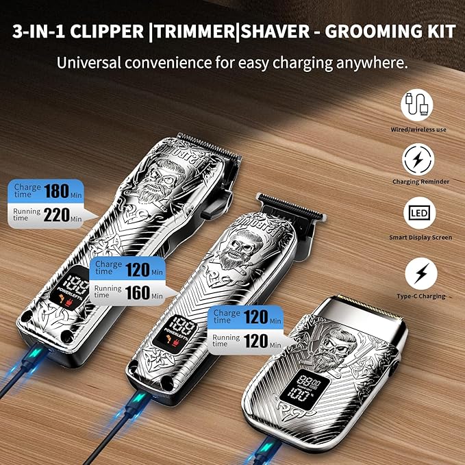 Professional Cordless Mens Hair Clippers & Beard Trimmer and Electric Shavers Kits & Sets,Metal Hair Clippers Cutting Grooming Kit with Long Battery Life for Family Barber Use (Gray)