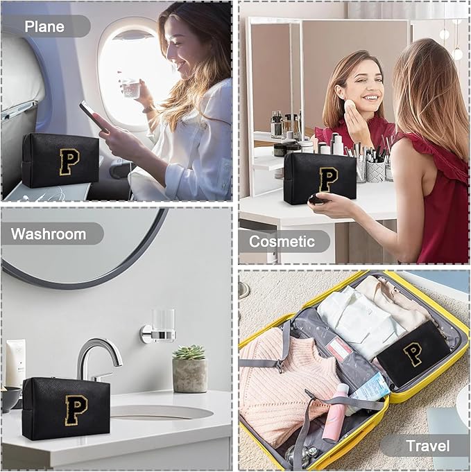 Personalized Initial Preppy Makeup Bag Organizer, Black Small Monogram Cosmetic Bag Travel Toiletry Zipper Pouch for Women, PU Leather Waterproof Make Up Case Proposal Gift for Brides Female(Letter P)