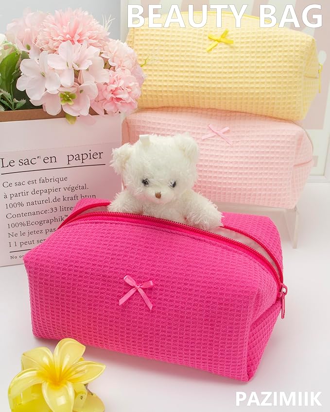 PAZIMIIK 6PCS Cozy Makeup Bag Travel Cosmetic Bag for Women Soft Toiletry Bag Aesthetic Makeup Organizer Portable Large Zipper Pouch for Skincare Beauty Accessories Brushes Waffle Hotpink