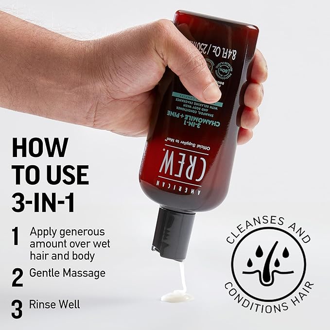 AMERICAN CREW 3-in-1 Chamomile & Pine, Shampoo, Conditioner & Body Wash for Men, Hair Care Gift for Him, Calming and Relaxing Fragrance, 8.4 fl oz