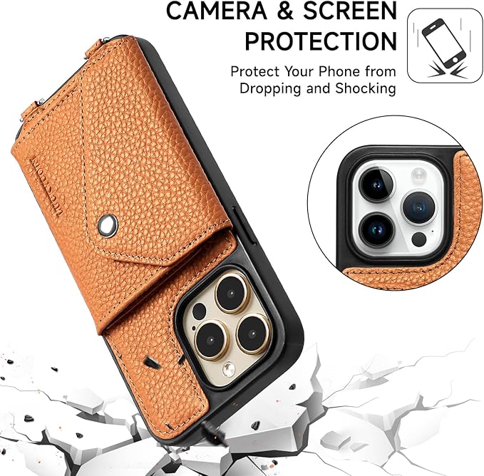 LUCKYCOIN Crossbody Wallet Phone Case for iPhone 14 Pro,100% Genuine Leather Wallet Phone Case with Expandable Flip Card Holder,Phone Purse for Women with Adjustable Removable Strap - Pebble Brown