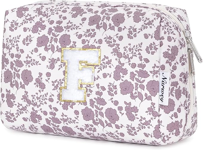 Narwey Birthday Gifts for Teen Girls Kids Women Personalized Initial Floral Makeup Bag Cute Cosmetic Trendy Stuff 6 8 10 11 12 13 14 16 18 Years Old Travel Toiletry Bag (Little Dusty Pink Flower F)