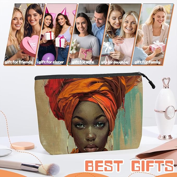 Cosmetic Bags Travel Makeup Toilet Case Waterproof Pouch for Women Girls 6.7X9.45inches - Orange Turban And The Intense Gaze of A Lady