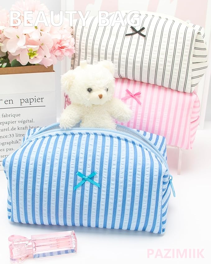 PAZIMIIK Cozy Makeup Bag Small Aesthetic Travel Zipper Cosmetic Pouch for Women Make Up Beauty Accessories Brushes, Stripe Lake Blue