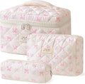 HBselect Quilted Makeup Bag, 3PCS Cotton Large Travel Makeup Bag, Cute Floral Coquette Make up Bag Cosmetic Bag Toiletry Bag for Women Girls