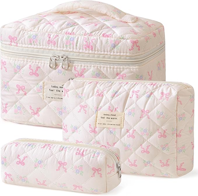 HBselect Quilted Makeup Bag, 3PCS Cotton Large Travel Makeup Bag, Cute Floral Coquette Make up Bag Cosmetic Bag Toiletry Bag for Women Girls