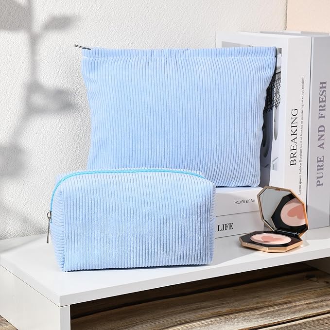 SOIDRAM 2 Pieces Makeup Bag Large Corduroy Cosmetic Bag Capacity Canvas Mix Travel Toiletry Bag Organizer Cute Makeup Brushes Aesthetic Accessories Storage Bag for Women, Corduroy Mix Blue