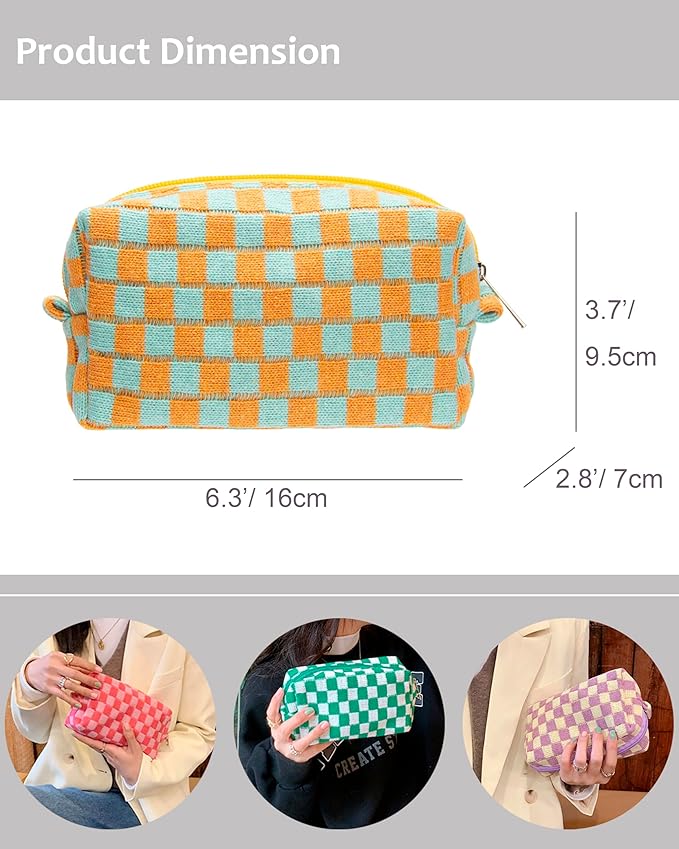PAZIMIIK 6PCS Checkered Makeup Bag for Purse Portable Zipper Make Up Pouch Small Cosmetic Case for Travel Accessories Orange Green