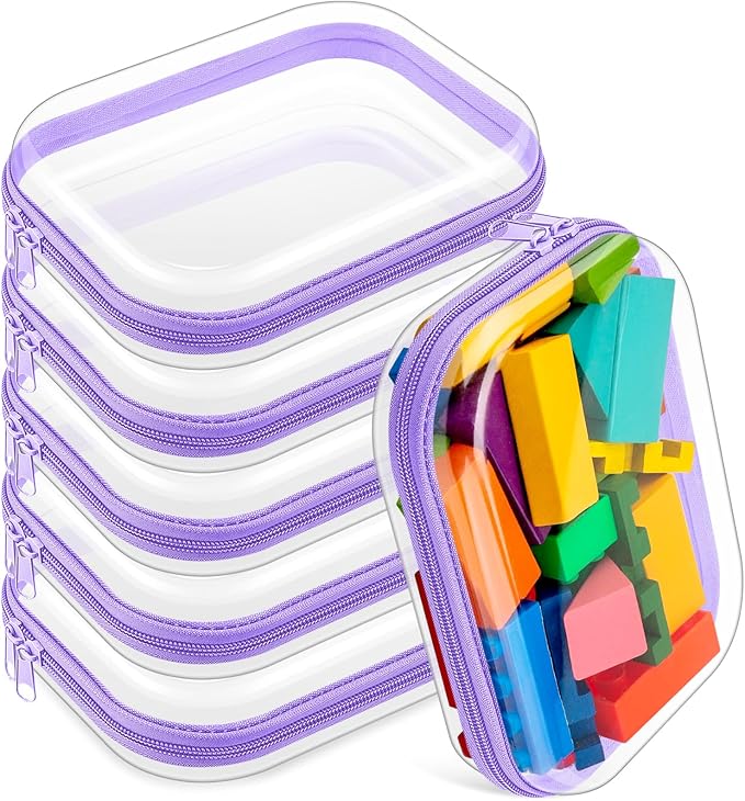 Sanwuta 6 Pcs Clear Hard Zipper Case Hard Plastic Zipper Pouches Makeup Bag Pencil Pouches Transparent Cases for Snacks Plastic Storage Organizer Box for Travel(Purple,7.87 x 5.9 x 2 Inch)