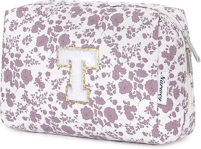 Narwey Birthday Gifts for Teen Girls Kids Women Personalized Initial Floral Makeup Bag Cute Cosmetic Trendy Stuff 6 8 10 11 12 13 14 16 18 Years Old Travel Toiletry Bag (Little Dusty Pink Flower T)