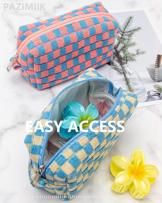 PAZIMIIK 6PCS Checkered Makeup Bag for Purse Portable Zipper Make Up Pouch Small Cosmetic Case for Travel Accessories Blue Beige