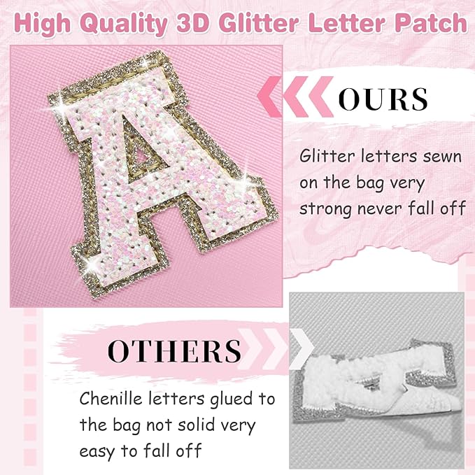 Small Personalized Initial A-Z Patch Makeup Bag,Pink Cute PU Leather Glitter Letter Cosmetic Bag for Teen Girls,Travel Toiletry Bag with Zipper,Preppy Monogrammed Birthday Gift for Daughter Niece N