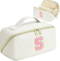 for Christmas Day Gifts, Makeup Bag for Women, PU Leather Travel Toiletry Bags, Initial Make Up Cosmetic Pouch for Teen Girls, Wide Open Portable Skincare Bag, Personalized Birthday Gifts, White S
