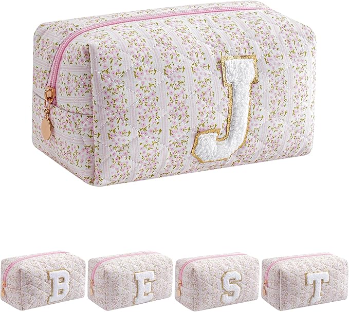 JOVAKIT Makeup Bag Cosmetic Bags for Women, Christmas Gifts for Girls Age 6-18, Alphabet Pink Floral Coquette Zipper Travel Makeup Pouch, Organizer Case Trendy Stuff (Pink Floral J)