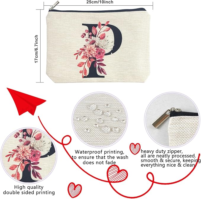 Initial A-Z Personalized Floral Makeup Bag, Monogrammed Birthday Gifts for Women Mom, Mothers Day Christmas Gift Ideas for Best Friend, Bride Bridesmaid, Her, Grandma, Small Travel Cosmetic Bag (P)